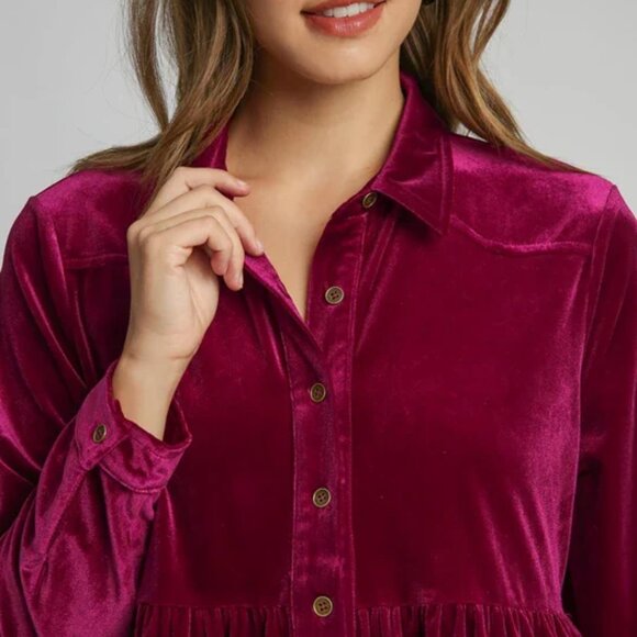UMGEE Velvet Button Down Collared Tunic Top Ruby Pink Womans XL Long Sleeve - Picture 10 of 14